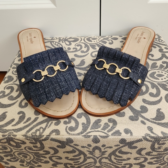 Kate Spade  Denim Navy Fringe Slide Sandals Sz 8M - Picture 2 of 8